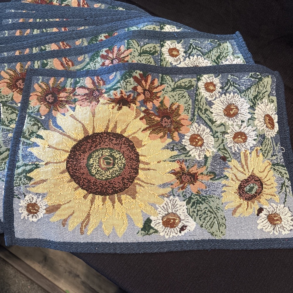 Sunflower Tapestry Placemats Set Of 8, 18" x 12", 2 Matching Table Runners 12x33